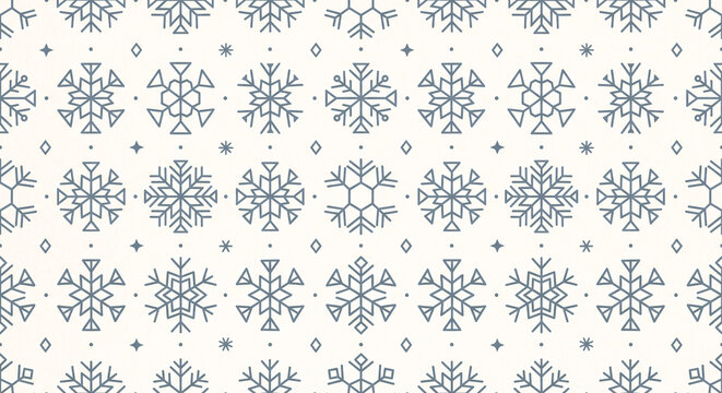 Seamless snowflake pattern with geometric winter icons, blue and cream Christmas background