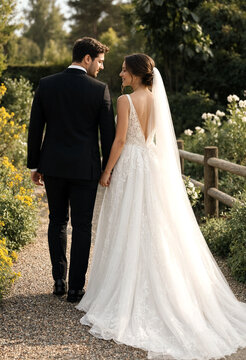 Couple Walking Hand in Hand on Garden Path in Wedding Attire