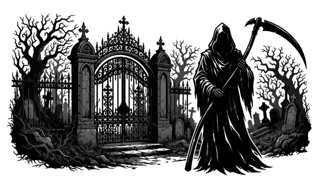 Grim Reaper With Scythe at Gothic Cemetery Gate Black Silhouette Vector