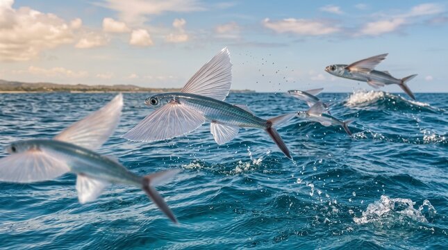 School of Flying Fish Gliding Above the Ocean Water Surface in Open Sea
