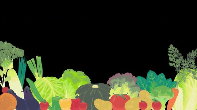 カラフルな野菜が上から落ち、弾みながら画面下に並ぶ4K背景透過アニメーション