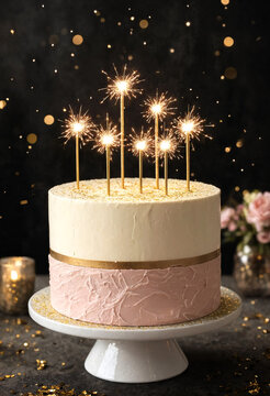 Elegant two tiered cake with sparklers and decorative gold accents
