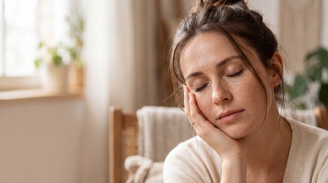 Tired woman resting her head on her hand at home, expressing fatigue, stress, or exhaustion.