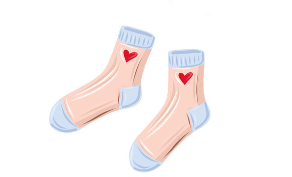 Pair of cozy pink winter socks with heart details vector illustration isolated on white background