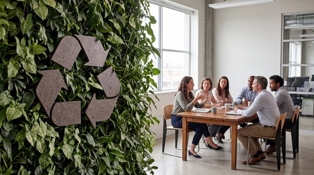 Corporate sustainability meeting with employees discussing environmental responsibility beside a large recycling symbol.