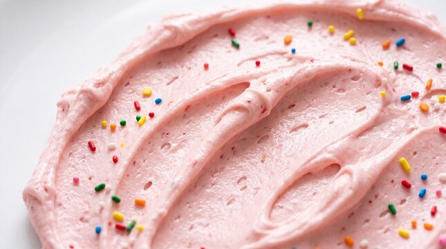 Pink ice cream decorated with colorful sprinkles, creating a creamy and festive dessert texture.