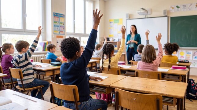 Students raising their hands during an interactive classroom lesson with a teacher at the front.