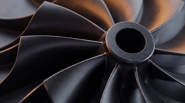 Black electric fan blades surrounding a central hub in dramatic low-key lighting.