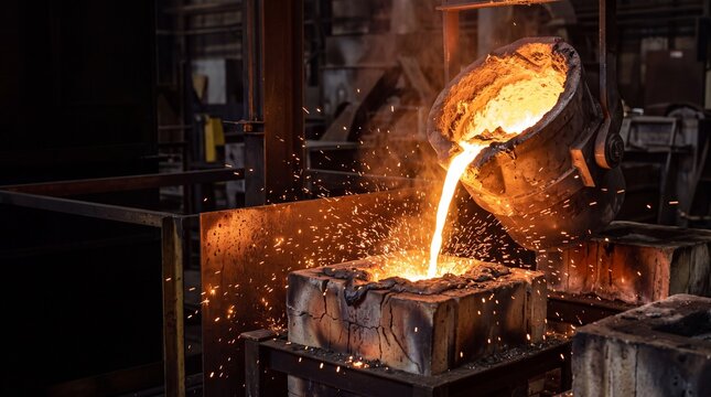 Molten metal being poured into a mold inside a heavy industrial foundry.