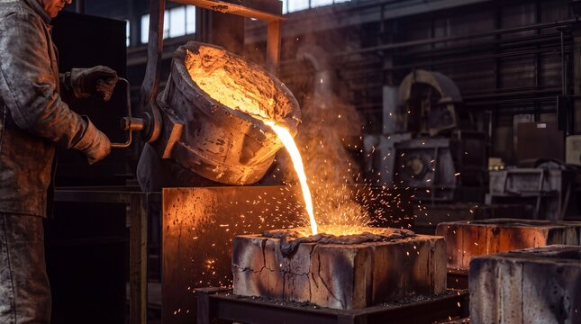 Molten metal being poured into a mold inside a heavy industrial foundry.