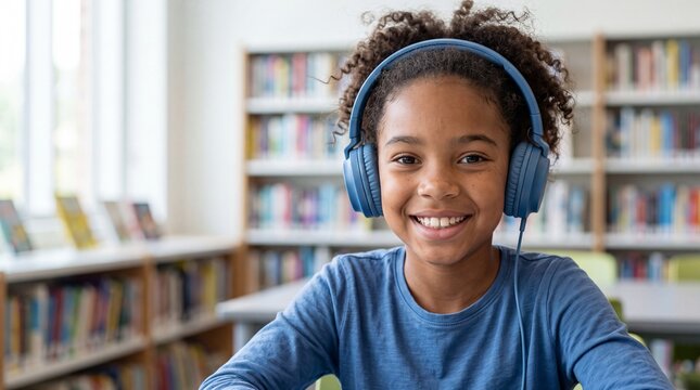 Smiling child wearing headphones in a library, enjoying digital learning and education.