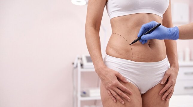 Healthcare professional marking a woman's abdomen with a surgical pen during a cosmetic body contouring consultation.
