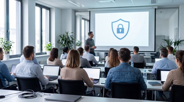 Corporate cybersecurity training session with a presenter discussing digital security and data protection to employees.