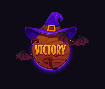 Cartoon Halloween casino victory icon features round wooden badge topped with purple witch hat. Spooky jackpot badge with winged bats for gambling app achievement icons and online casino promo banners