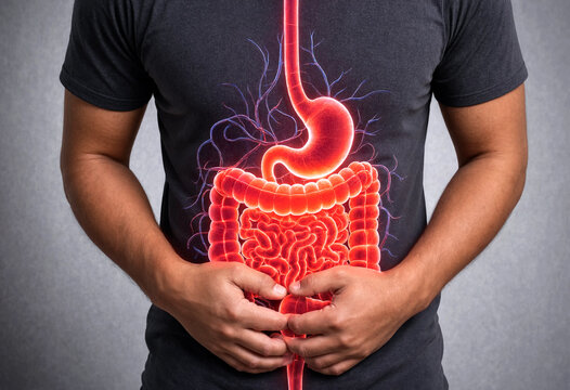 Human digestive system illustration showing internal organs with hands holding stomach area