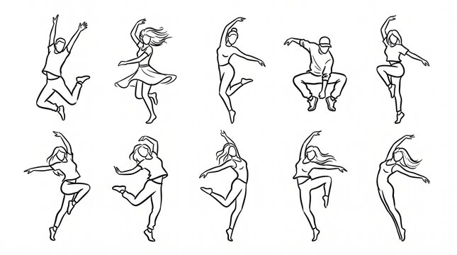 Set of hand drawn line art illustrations of people dancing and jumping.