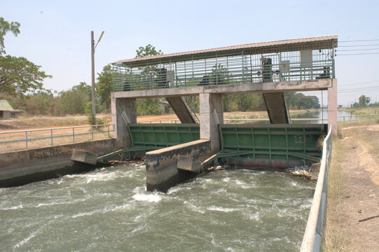 Irrigation canal water control gate structure in rural area in Thailand.