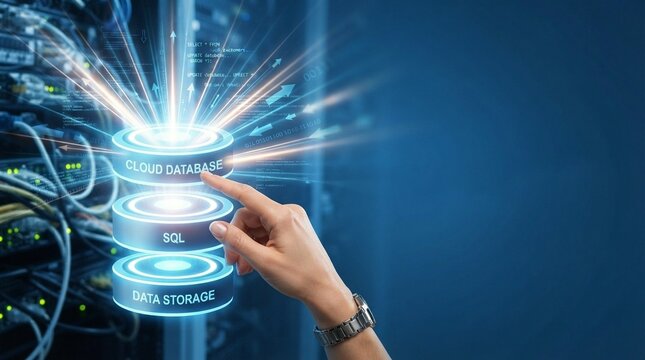 Cloud database management system with hand touching holographic interface displaying SQL and data storage icons on blue background.