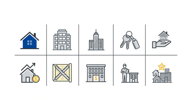Real estate icon set with 10 thin line elements, professional property management symbols, residential and commercial building icons for business marketing