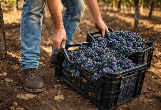 Person carrying basket filled with fresh harvested grapes outdoors