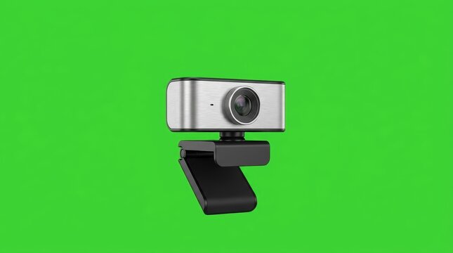 Modern digital computer webcam isolated on chroma key green screen background for video conference and streaming