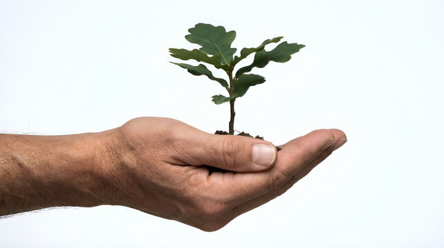 Adult hand holding small green seedling plant