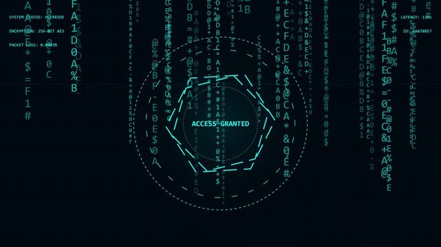 Blue digital HUD interface displaying access granted with falling matrix code and system status