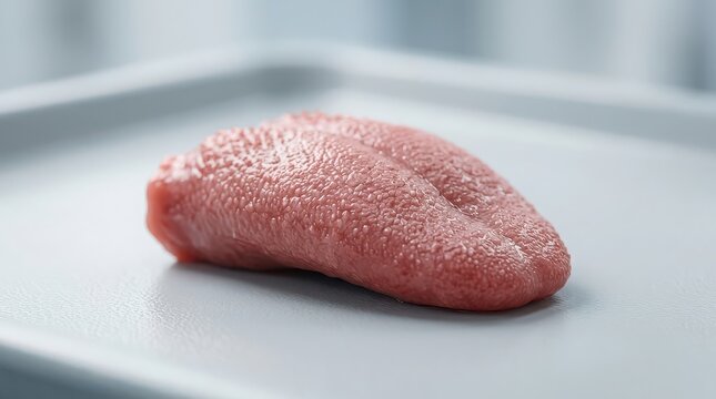 Close up of a raw beef tongue on a textured grey tray with shallow depth of field raw meat food