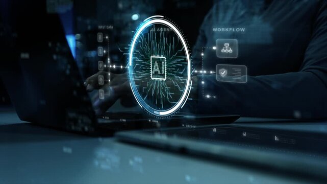 Futuristic AI workflow automation dashboard with ai agent assistant, coding panels and data analytics dashboard, animation