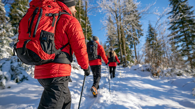 Wide rear perspective of three friends hiking deeper into a pristine winter forest, following a fresh powder trail bordered by tall frost-covered trees, sturdy backpacks and poles, brilliant dayligh