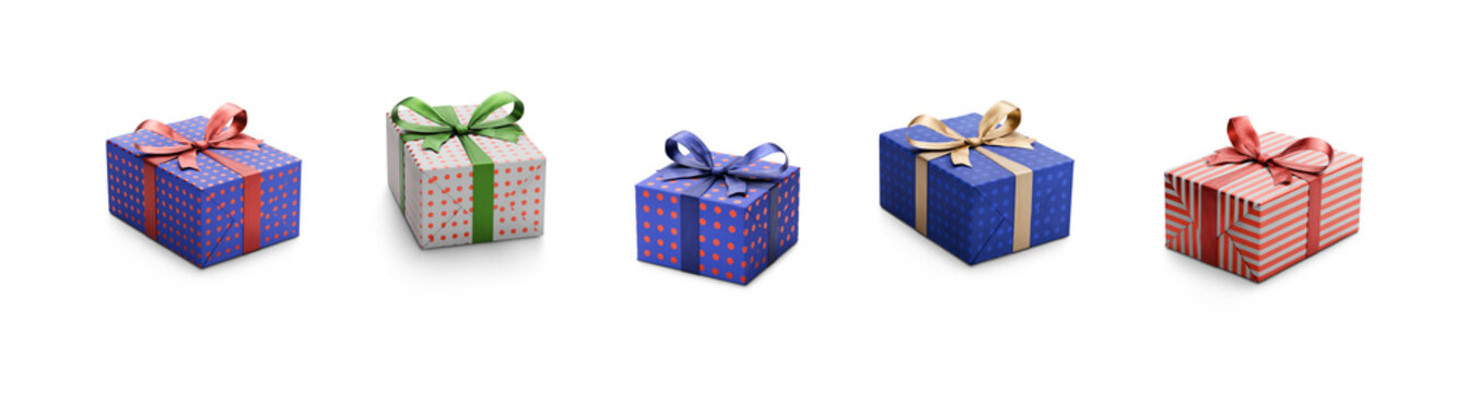 A collection of red, blue and purple gift wrapped presents with gold, blue, red and green ribbon bows isolated against a transparent background.