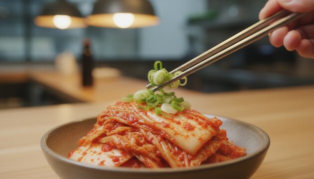 Macro shot of artisanal fermented kimchi garnished with fresh green scallion rings using metal chopsticks inside restaurant