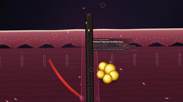 3D medical animation demonstrating the scientific process of laser epilation, showing optical energy absorption by melanin, heat conduction down the hair shaft, and root follicle eradication