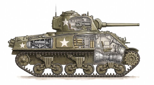 A detailed side-view cutaway illustration of a World War II M4 Sherman tank on a white background, revealing internal engine, ammunition, and crew compartment details.