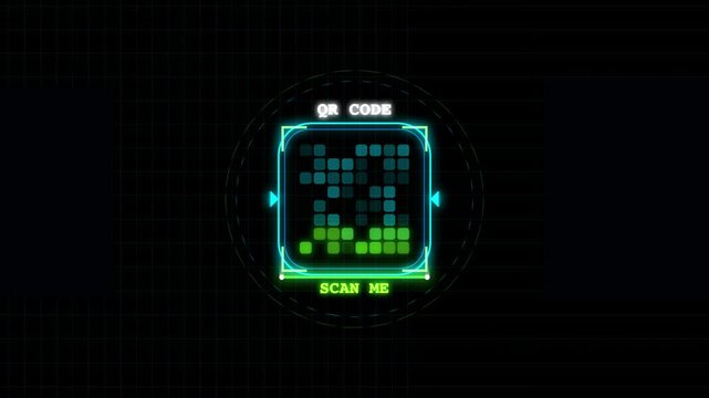 Neon Digital QR Code Scanning Animation Interface with Futuristic Grid HUD Graphics on Dark Backgrou