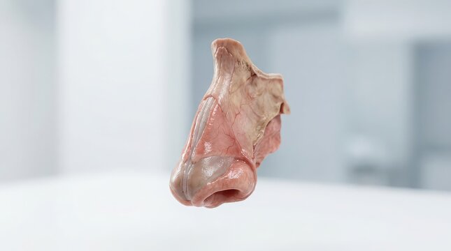 Anatomical model of the human nose interior with cartilage and tissue detail on blurred background Keywords: nose, anatomy, human, interior, cartilage, tissue, muscle, medical, science, biology