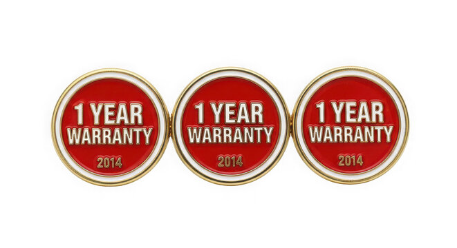 Three red one year warranty round gold badges isolated on transparent background