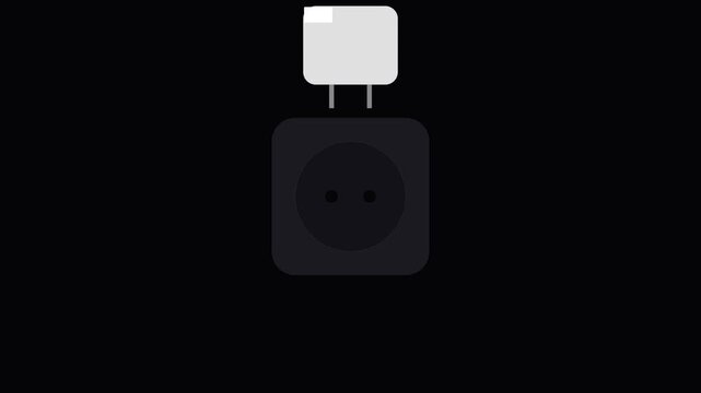 Minimalist flat design animation of white electric power adapter connecting to black wall outlet