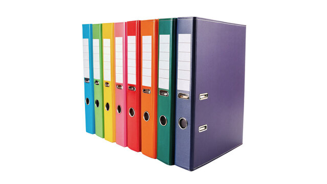 Row of colorful office ring binder folders on dark background