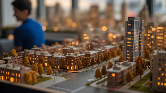 Modern sustainable city model with residential buildings and urban development concept