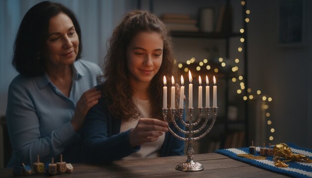 Young teenage girl lighting a candle on a silver menorah during Hanukkah celebrations at home with family nearby