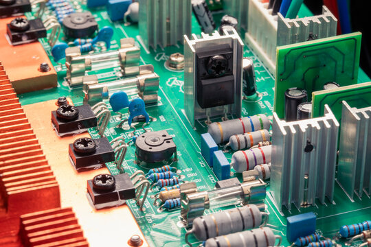 Printed circuit board of amplifier, close-up, macro