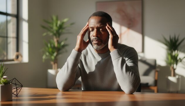 Middle-aged Black man sitting quietly in modern room gently massaging his temples with both eyes closed in deep stress relief