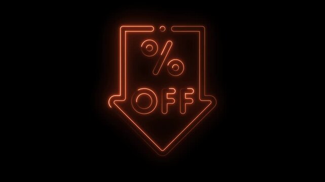 Glowing neon sign of percentage off discount with downward arrow on black background