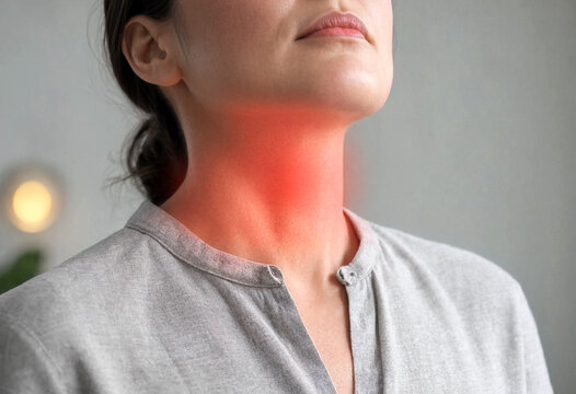Woman showing redness on neck and throat area