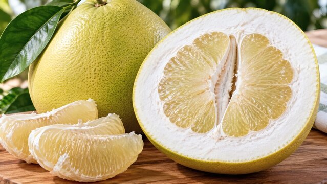 Fresh pomelo fruit cut in half with segments on a rustic wooden table for healthy eating concept