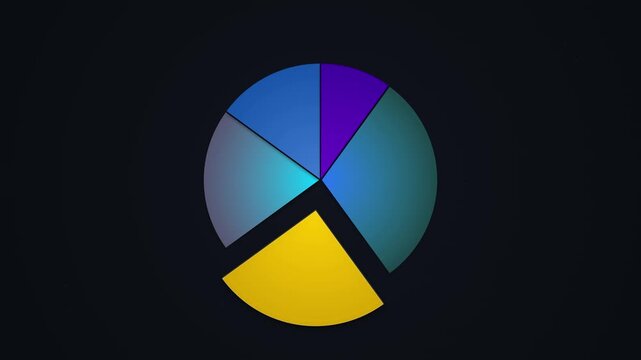 Minimalist 3D pie chart data visualization with separated yellow slice on dark professional background