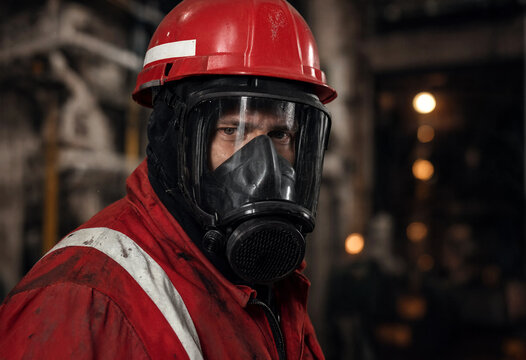 Worker wearing protective gear and gas mask in industrial underground setting