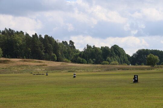 Green grass on a golf driving range with distance markers. In S&ouml;dert&auml;lje Sweden.