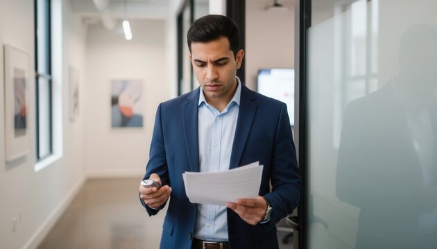Junior analyst holding a remote presentation clicker while reviewing printed notes outside a modern conference room